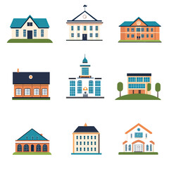 Fototapeta premium Set of nine flat minimalist vector illustrations of various school buildings with different architectural styles and colors isolated on white background