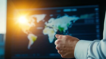 Global Vision: An individual in a crisp white shirt gestures with intent toward a dynamic world map displayed on a sleek monitor. The scene exudes an air of global awareness and business acumen.  - Powered by Adobe