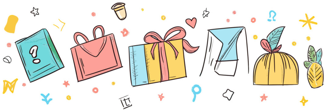 Hand drawn shopping bag gift box envelope gift wrap and pineapple doodle icons set with colorful accents vector illustration for sale discount and special offer design - Powered by Adobe