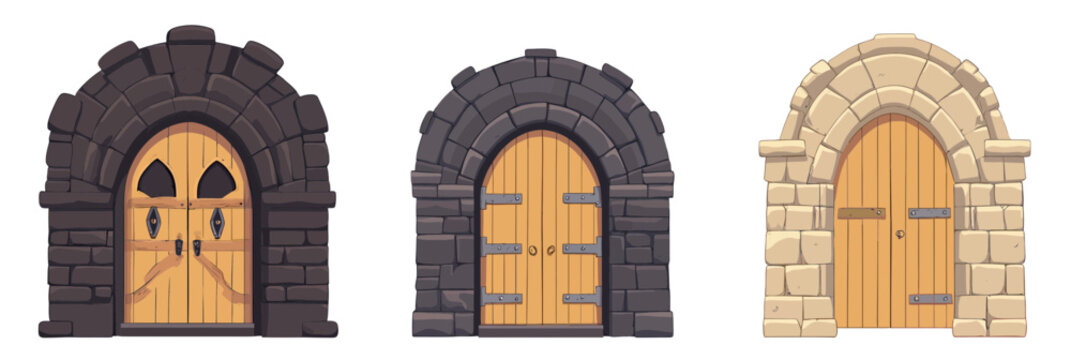Medieval stone arch wooden doors set with iron hinges locks fantasy castle entrances isolated flat vector design elements for game buildings old kingdom gates