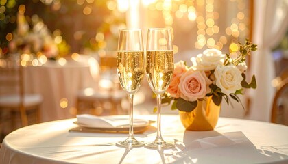 白いテーブルの上にシャンパン