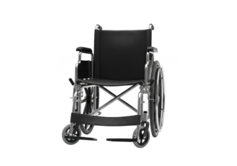 A detailed front facing view of a foldable manual wheelchair with large rear wheels and smaller front casters isolated on transparent background