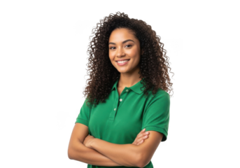 A young woman with curly dark hair and a bright smile wearing a green polo shirt with her arms crossed isolated on transparent background