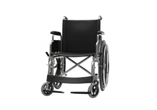A detailed front facing view of a foldable manual wheelchair with large rear wheels and smaller front casters isolated on transparent background