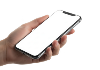 A human hand holding a modern smartphone with a blank white screen perfect for digital mockups and design presentations isolated on transparent background