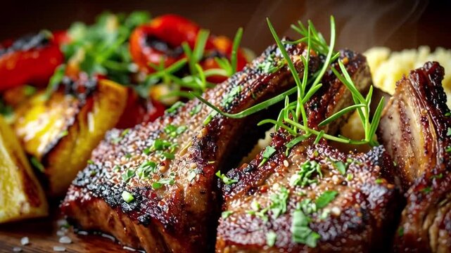 Juicy grilled lamb chops sizzling on a wooden board with couscous and veggies, perfect for a gourmet meal advertisement or culinary blog post