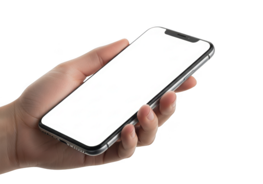 A human hand holding a modern smartphone with a blank white screen perfect for digital mockups and design presentations isolated on transparent background