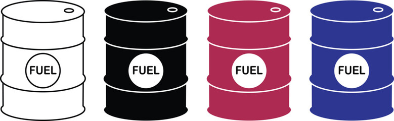 Oil barrel icons in outline and silhouette styles. Industrial oil drum vector illustration metal barrel liquid storage container fuel tank icon isolated on transparent background.