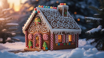 A beautifully decorated gingerbread house adorned with festive icing and candy canes sits in a snowy winter forest setting with warm light emanating from its windows