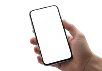 A human hand holding a modern smartphone with a blank gray screen isolated on transparent background