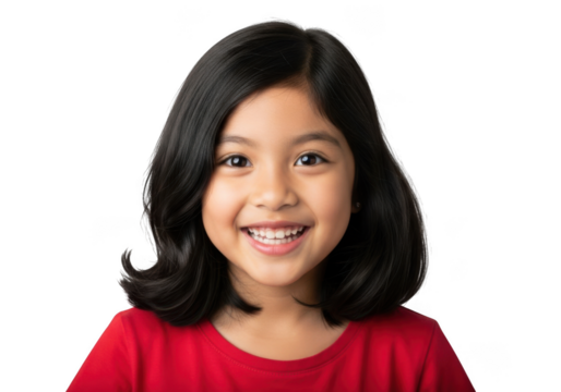 A joyful young girl with dark hair and a bright smile wearing a red shirt isolated on transparent background