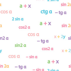 Seamless pattern with mathematical formulas and numbers. Algebra and geometry, calculations tangent, cotangent, sine, cosine
