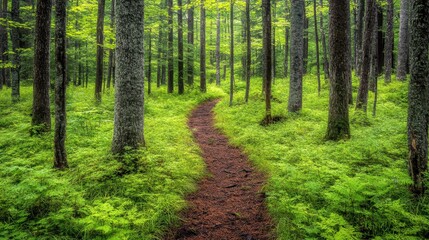 Obraz premium Winding path through a dense green forest with sunlight