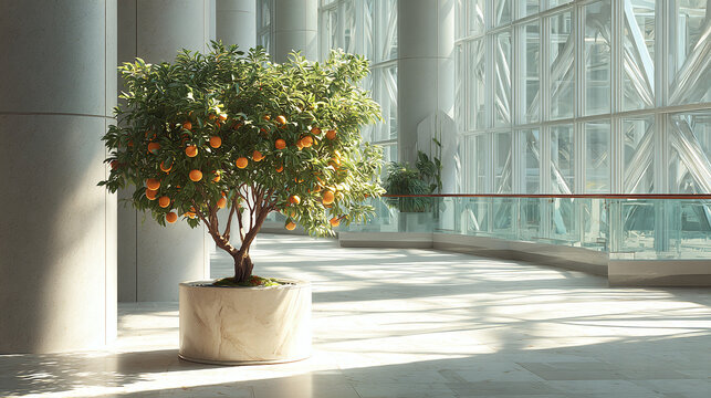 An indoor image features an orange tree inside a modern architecture building 