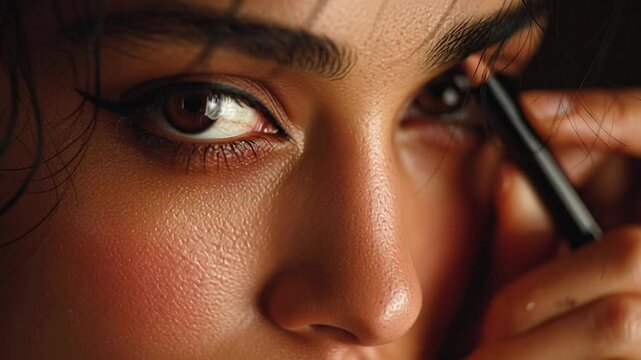 Close up of a woman carefully applying eyeliner for a flawless, modern look, perfect for beauty tutorials and makeup demonstrations