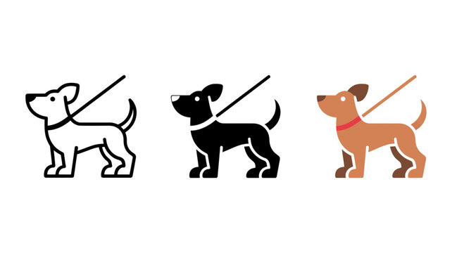 Dog on leash vector icon set. outline, solid fill, and colored variations of a pet dog with a collar and leash for walking, pet care, and design.