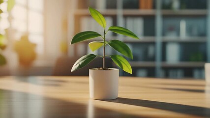 Small potted plant on wooden desk in bright office sunlight