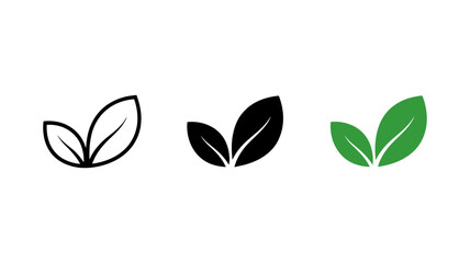 Naklejka premium Eco-friendly leaf icon set with outline, solid black, and green variations, representing nature, organic products, and environmental concepts.