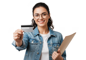 Smiling young woman wearing glasses and a denim jacket holds a credit card and a folder isolated on transparent background