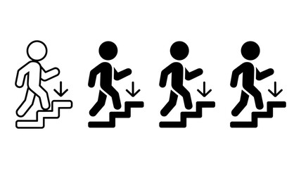 Person walking down stairs icon set, illustrating descent, movement, and direction with a modern, simple graphic design, perfect for web and print.