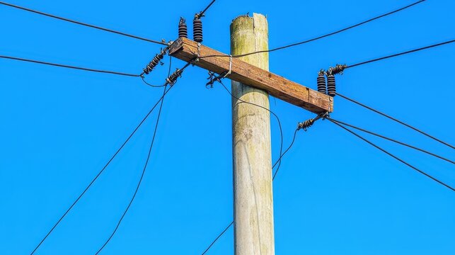 Wooden telephone pole with dangling wires and insulators against a bright blue sky - Powered by Adobe