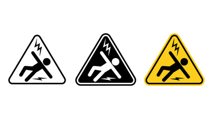Electric shock and fall hazard warning signs set. triangular safety icons for electrical danger and slip or fall risk. isolated vector.