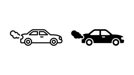 Car exhaust fumes icon set illustrating air pollution and environmental impact from vehicle emissions, outline and solid black styles.