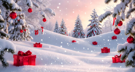 Magical winter landscape sparkling with snowfall, festive red gifts, and enchanting holiday charm across the snowy forest