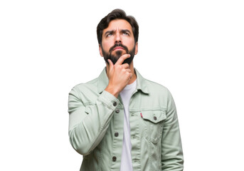 Fototapeta premium Thoughtful young adult male with beard and stylish jacket contemplating a serious decision with hand on chin isolated on transparent background