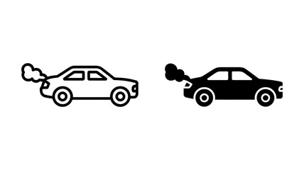 Fototapeta premium Car exhaust fumes pollution outline and solid icon set. vehicle emissions and air contamination symbol depicting environmental damage, climate change, and sustainability issues.