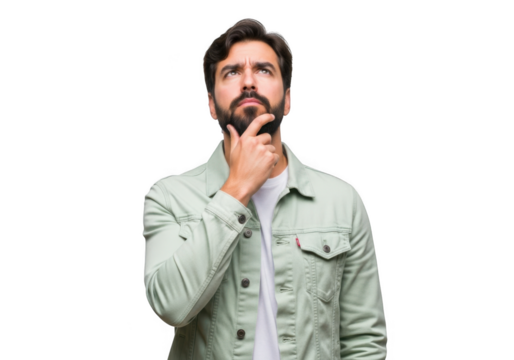 Thoughtful young adult male with beard and stylish jacket contemplating a serious decision with hand on chin isolated on transparent background