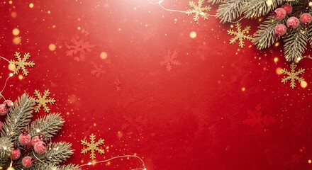 Elegant red Christmas background with festive fir branches, golden snowflakes, and sparkling lights, perfect for holiday greetings and winter celebrations, capturing the joyful spirit of the season