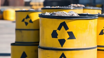 Yellow hazardous waste drums with biohazard symbols sealed for safe containment and storage in an outdoor industrial setting