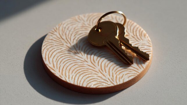 Round keychain with a keyring attached to it. the keychain is made of a light-colored material and has a circular shape with a textured surface. - Powered by Adobe