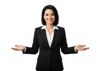 Professional woman in a black suit and white blouse smiling with arms extended offering a gesture of welcome or presentation isolated on transparent background