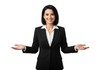Professional woman in a black suit and white blouse smiling with arms extended offering a gesture of welcome or presentation isolated on transparent background
