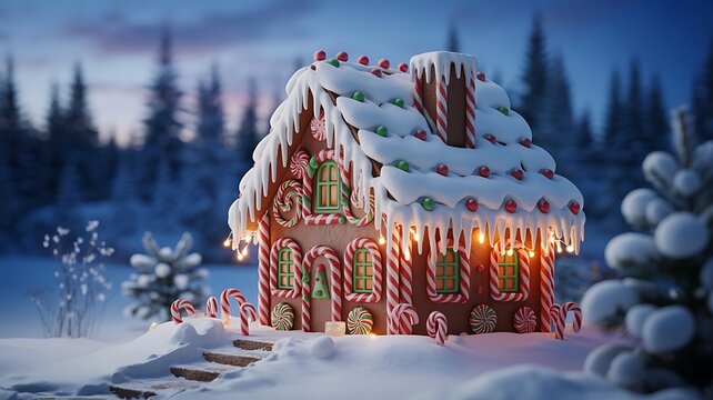 Enchanting gingerbread house adorned with sparkling icicles and warm lights stands majestically in a snowy magical forest setting during winter