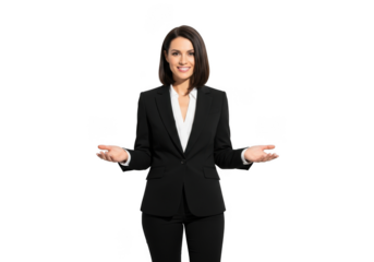 Professional woman in a black suit with white blouse smiling and gesturing openly isolated on transparent background