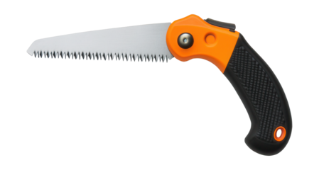 Folding saw with a vibrant handle for easy spotting in thick woods.