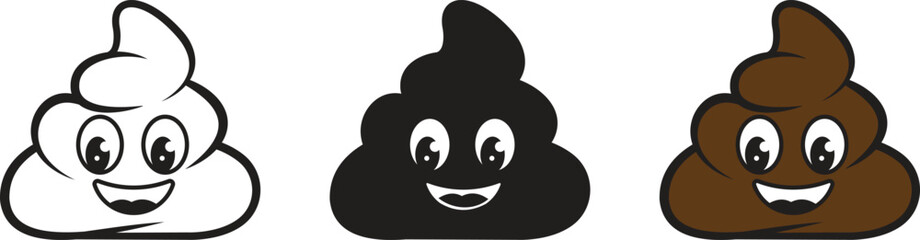 Funny poop silhouette icon set. Pile of poo emoji with a big smile and big eyes, presenting a cheerful and humorous concept isolated on transparent background. Vector illustration.
