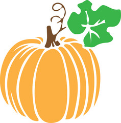 Simple orange pumpkin illustration with green leaf and brown stem