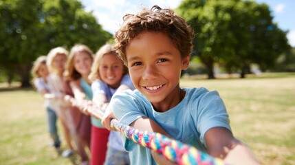Happy children playing tug of war game together on grass in a park, smiling and having summer fun