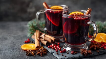 Mulled wine with cinnamon, spices, and orange on a concrete background &ndash; a traditional winter holiday drink. Mulled wine recipe and menu. Festive mugs of mulled wine surrounded by spices