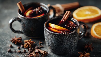 Mulled wine with cinnamon, spices, and orange on a concrete background &ndash; a traditional winter holiday drink. Mulled wine recipe and menu. Festive mugs of mulled wine surrounded by spices