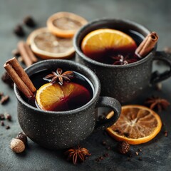 Mulled wine with cinnamon, spices, and orange on a concrete background &ndash; a traditional winter holiday drink. Mulled wine recipe and menu. Festive mugs of mulled wine surrounded by spices