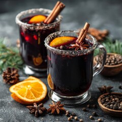 Mulled wine with cinnamon, spices, and orange on a concrete background &ndash; a traditional winter holiday drink. Mulled wine recipe and menu. Festive mugs of mulled wine surrounded by spices