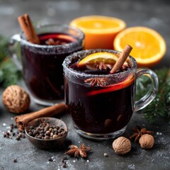 Mulled wine with cinnamon, spices, and orange on a concrete background &ndash; a traditional winter holiday drink. Mulled wine recipe and menu. Festive mugs of mulled wine surrounded by spices
