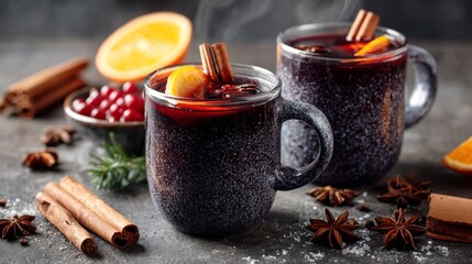Mulled wine with cinnamon, spices, and orange on a concrete background &ndash; a traditional winter holiday drink. Mulled wine recipe and menu. Festive mugs of mulled wine surrounded by spices