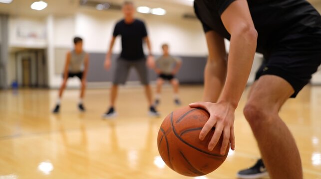 Young man dribbling a basketball on a wooden court, training with a coach and other players in the background