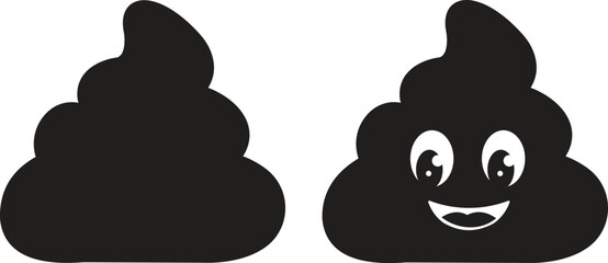 Funny poop silhouette icon set. Black pile of poo emoji with a big smile and big eyes, presenting a cheerful and humorous concept isolated on transparent background. Vector illustration.